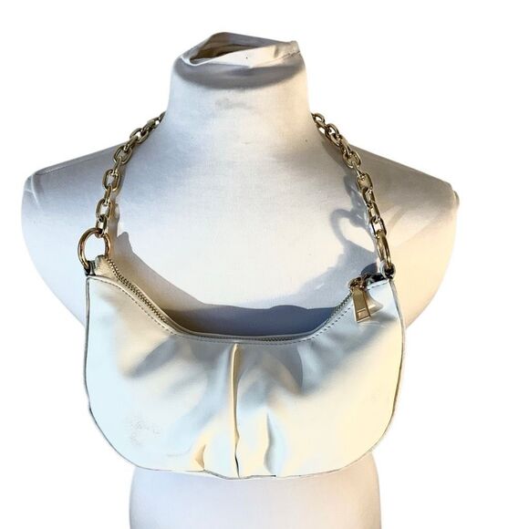 Faux Leather Halfmoon Baguette Bag with Chunky Chain Strap - Picture 6 of 13